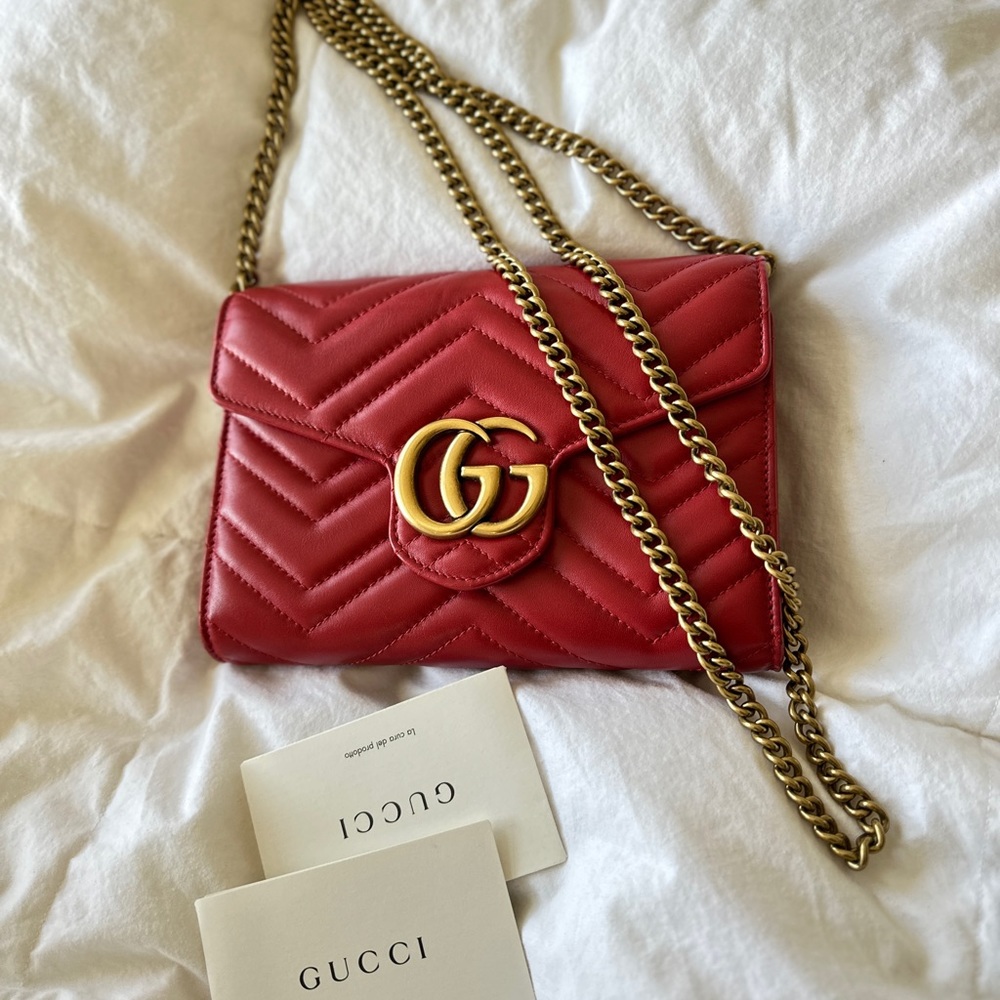 Gucci Red Chevron Leather Marmont Crossbody with Gold Hardware